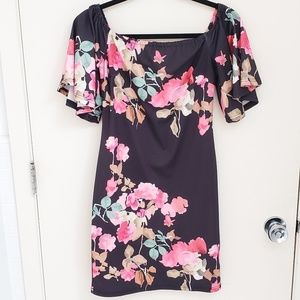Black and pink floral off-the-shoulder dress M